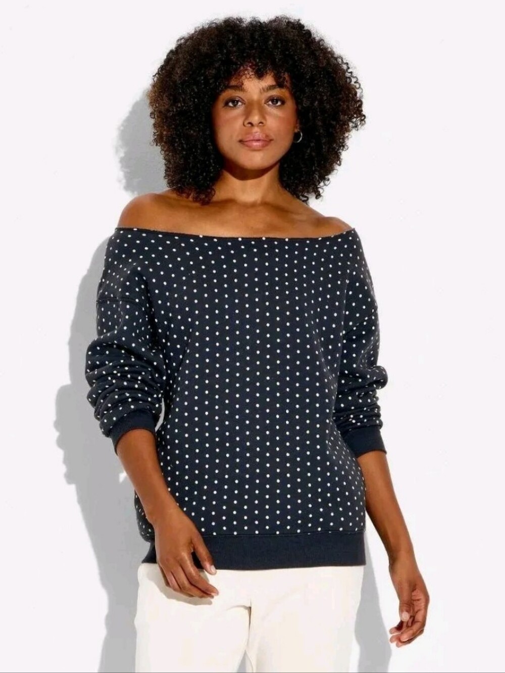 Wild Fable Navy Blue Polka Dot Off-the-Shoulder Pullover Sweatshirt